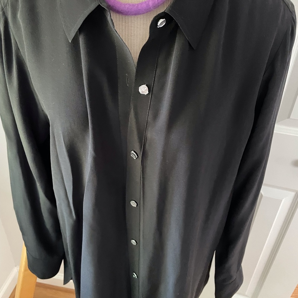 Eileen Fisher, black silk shirt.